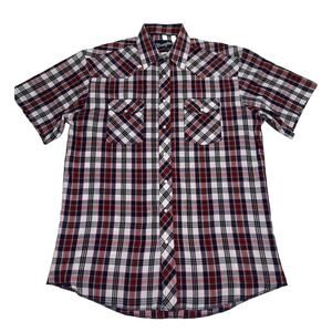 Wrangler Western Shirt Size L (16.5) Red Blue Plaid X-Long Tails Pearl Snaps VTG